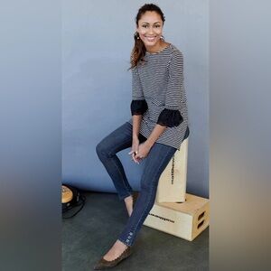 J Jill Navy White Striped Bell Sleeve Striped Tunic Top Size Small